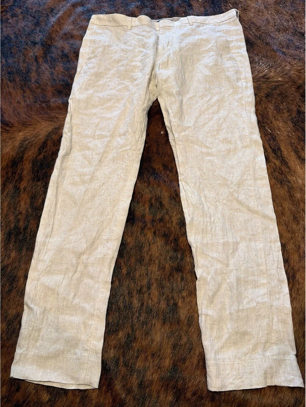 H&M Pants Mens 38R 100% Linen Flat Front Chino Trousers Casual Oatmeal Cream